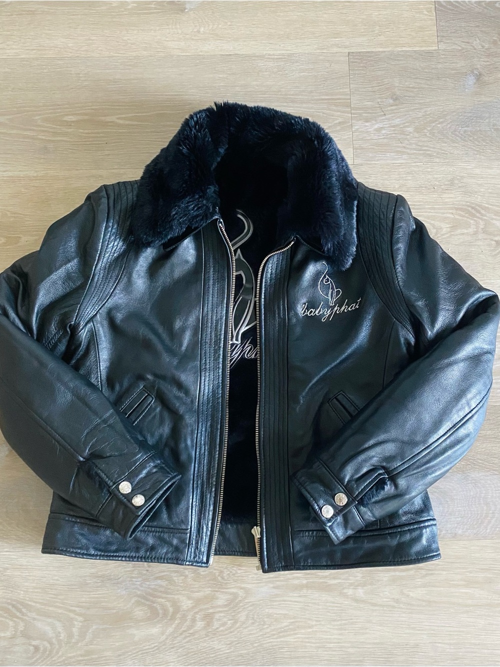 Baby Phat Vintage Reversible Leather Fuzzy Fur Black Jacket Y2K 90s Zip Up M